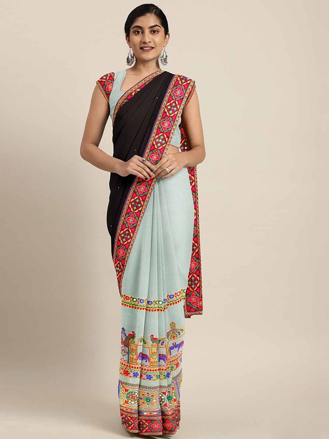 Mitera Black & Grey Pure Georgette Woven Design Saree