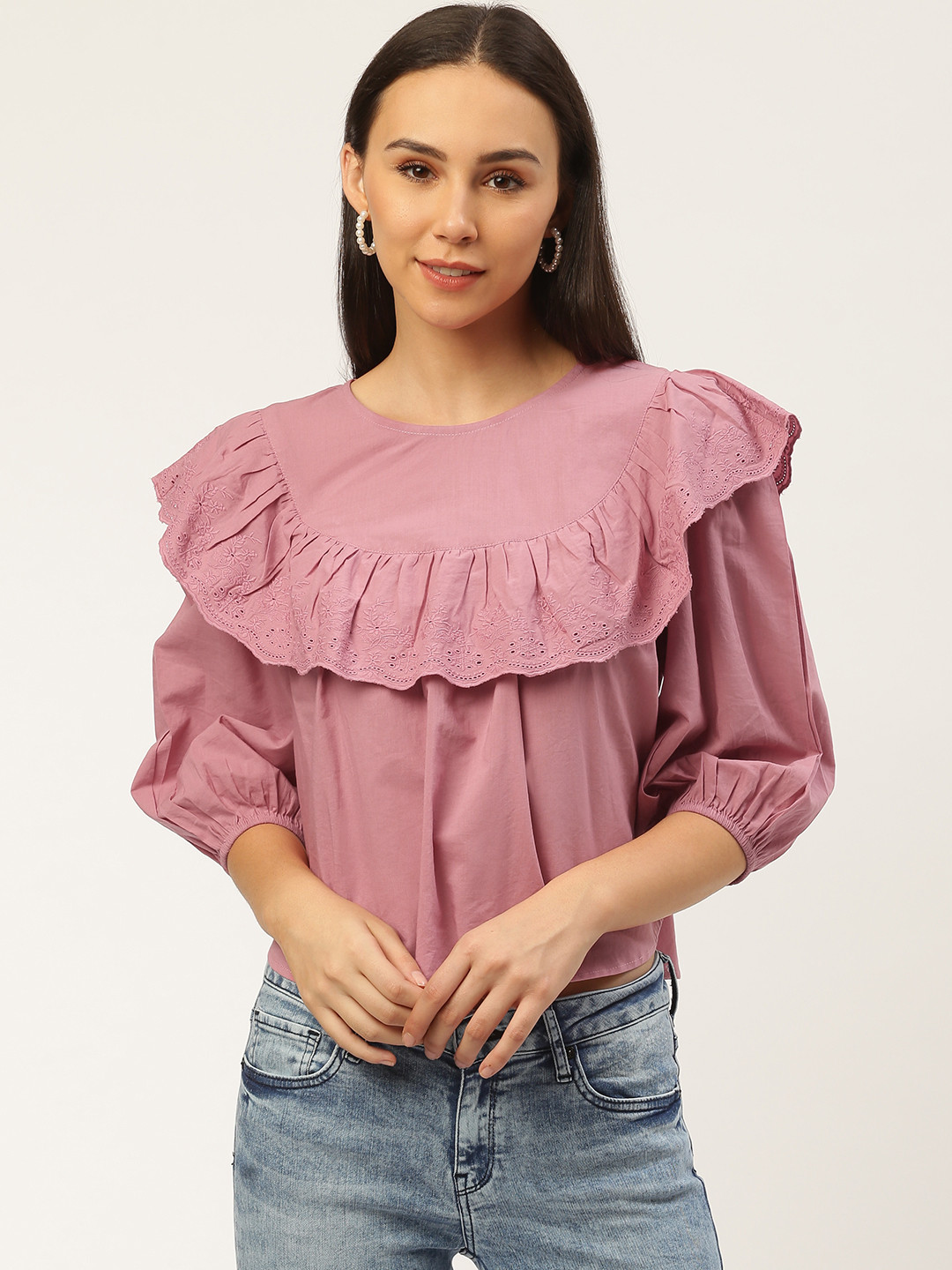 Antheaa Women Pink Schiffli Embroidered Layered Victorian Pure Cotton Top 
Antheaa Women Pink Schiffli Embroidered Layered Victorian Pure Cotton Top