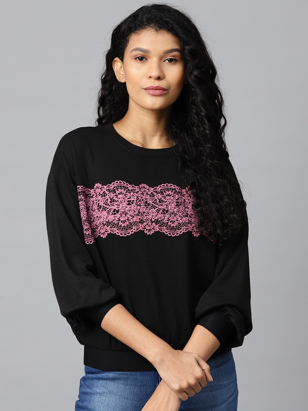Hubberholme Women Black & Pink Printed Sweatshirt