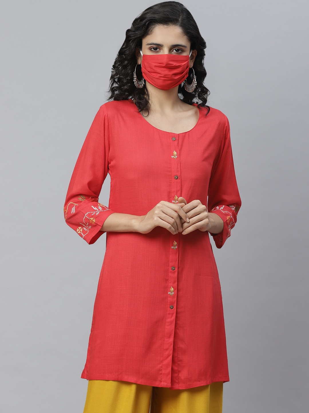 Cayman Women Red Embroidered Pure Cotton Detail Solid Pure Cotton A-Line Kurti With Matching Mask
Cayman Women Red Embroidered Pure Cotton Detail Solid Pure Cotton A-Line Kurti With Matching Mask