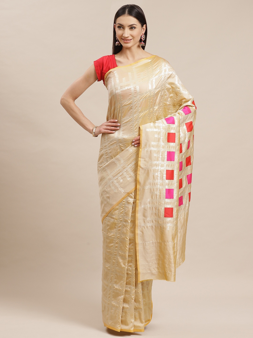 Shaily Beige & Silver Zari Woven Design Saree