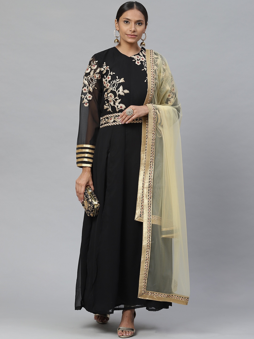 Readiprint Fashions Black Embroidered Semi-Stitched Dress Material