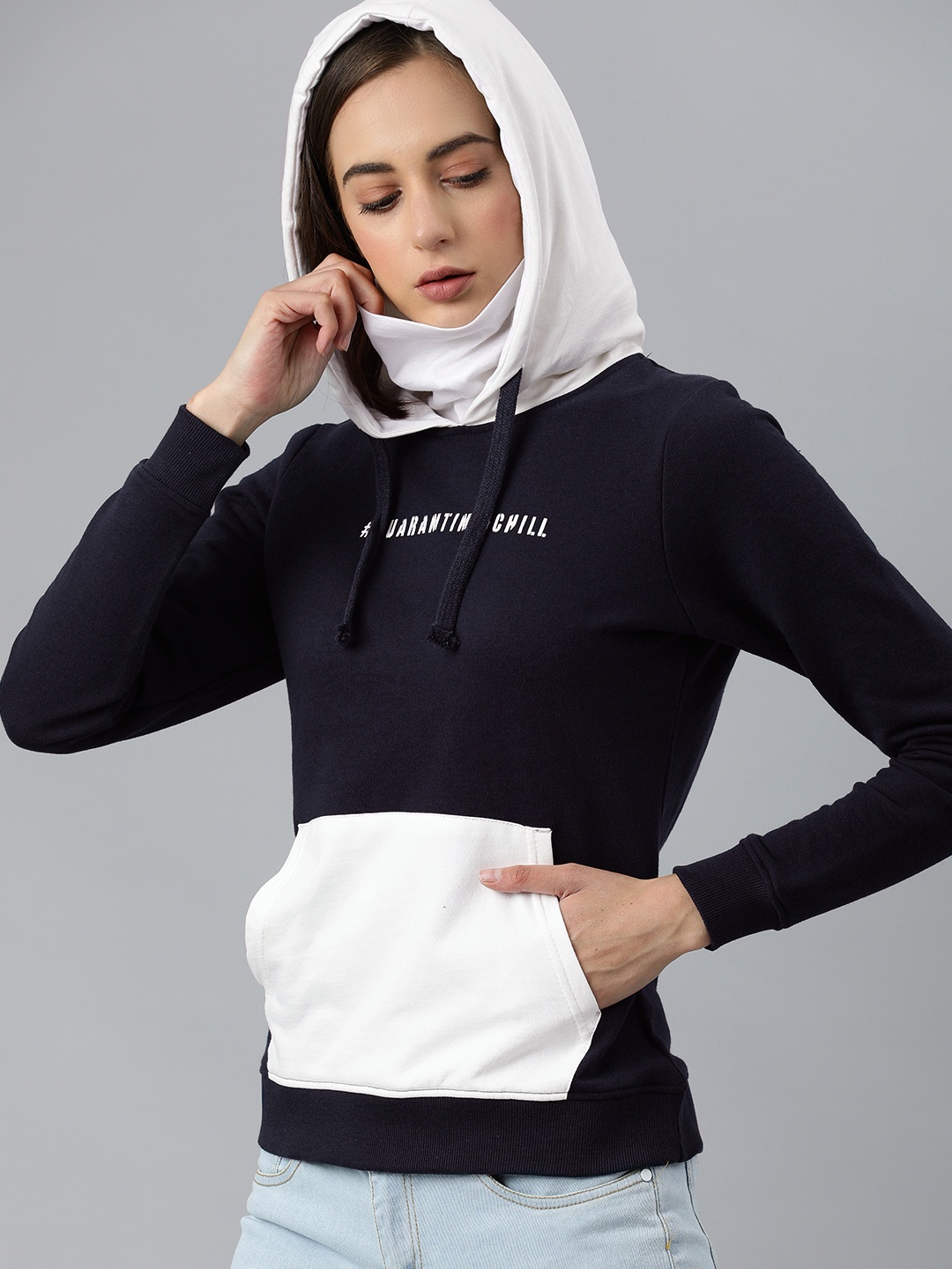 Roadster Women Navy Blue & White Printed Hooded Sweatshirt With Extended Mask detail
Roadster Women Navy Blue & White Printed Hooded Sweatshirt With Extended Mask detail
