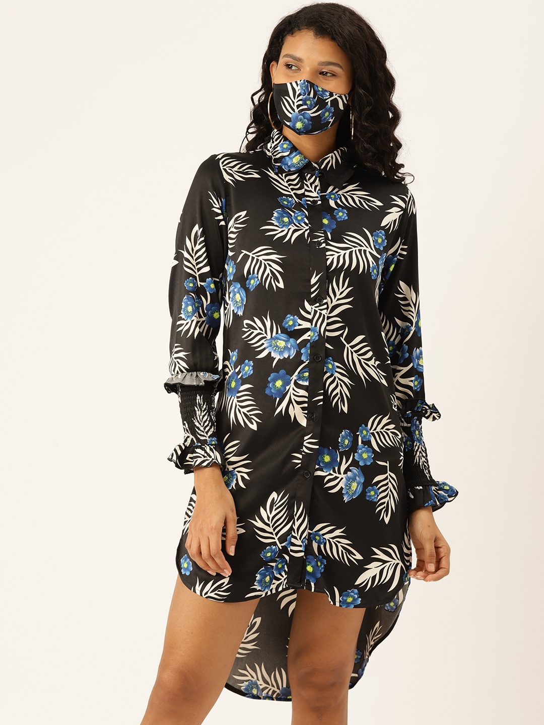 DIVA WALK EXCLUSIVE Women Black Off-White Printed Shirt Dress