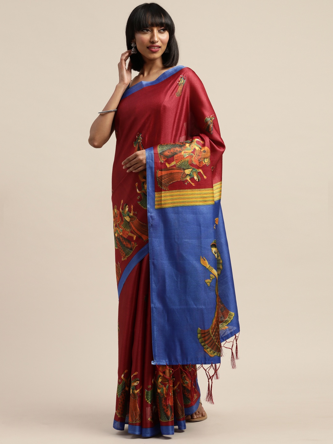 KALINI Red & Blue Art Silk Printed Mysore Silk Saree