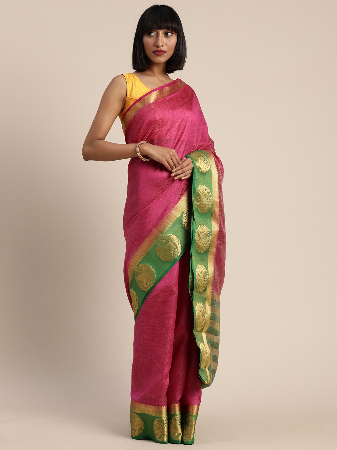 MIMOSA Pink & Green Art Silk Woven Design Kanjeevaram Saree