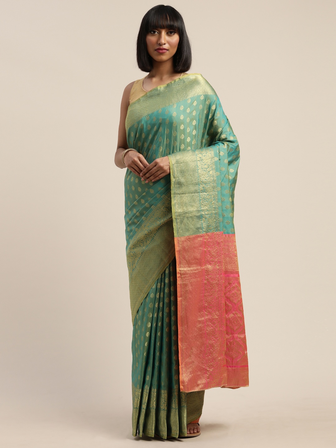 Mitera Green & Red Silk Blend Woven Design Banarasi Saree