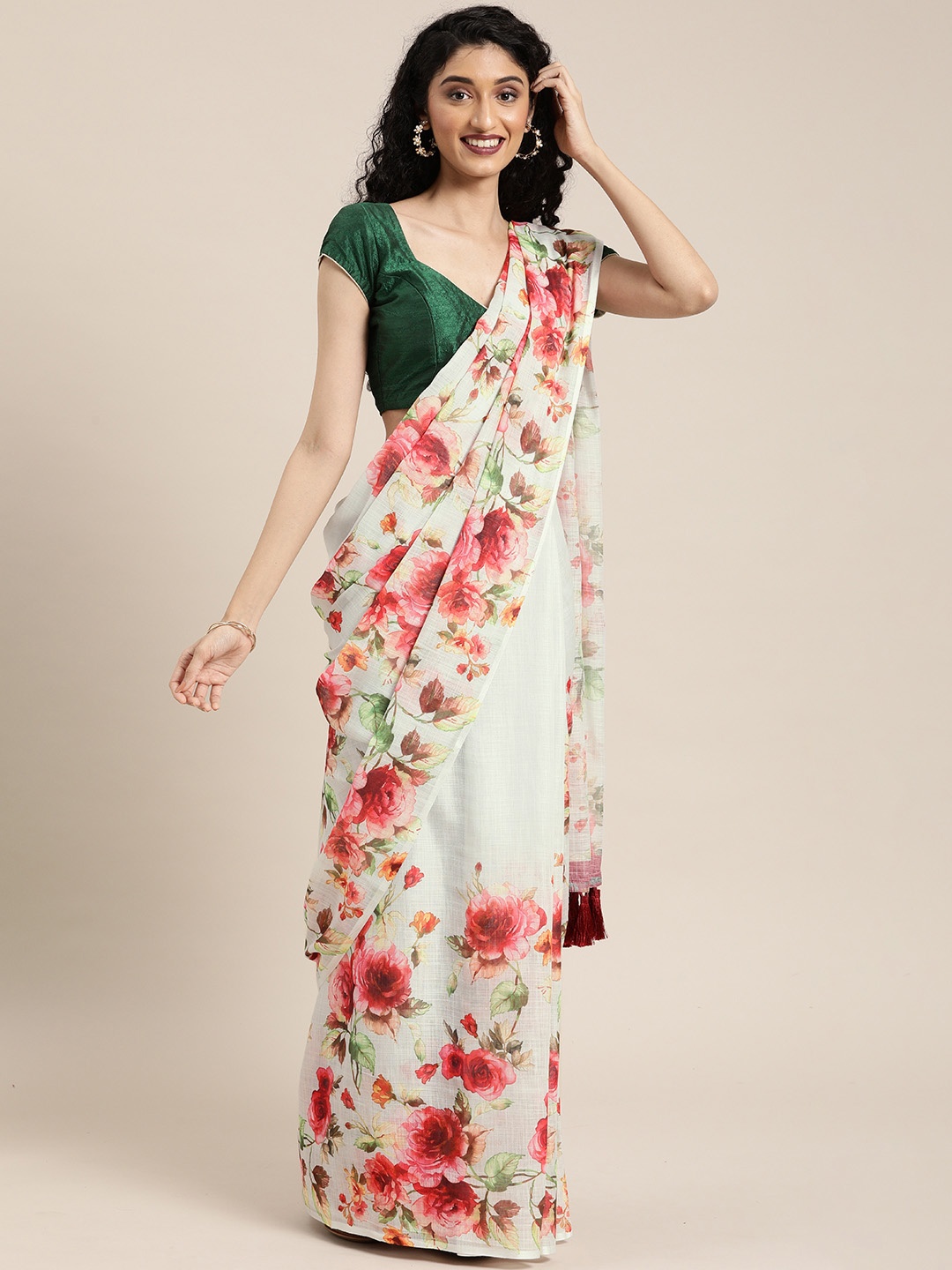 VASTRANAND White & Red Linen Blend Printed Saree