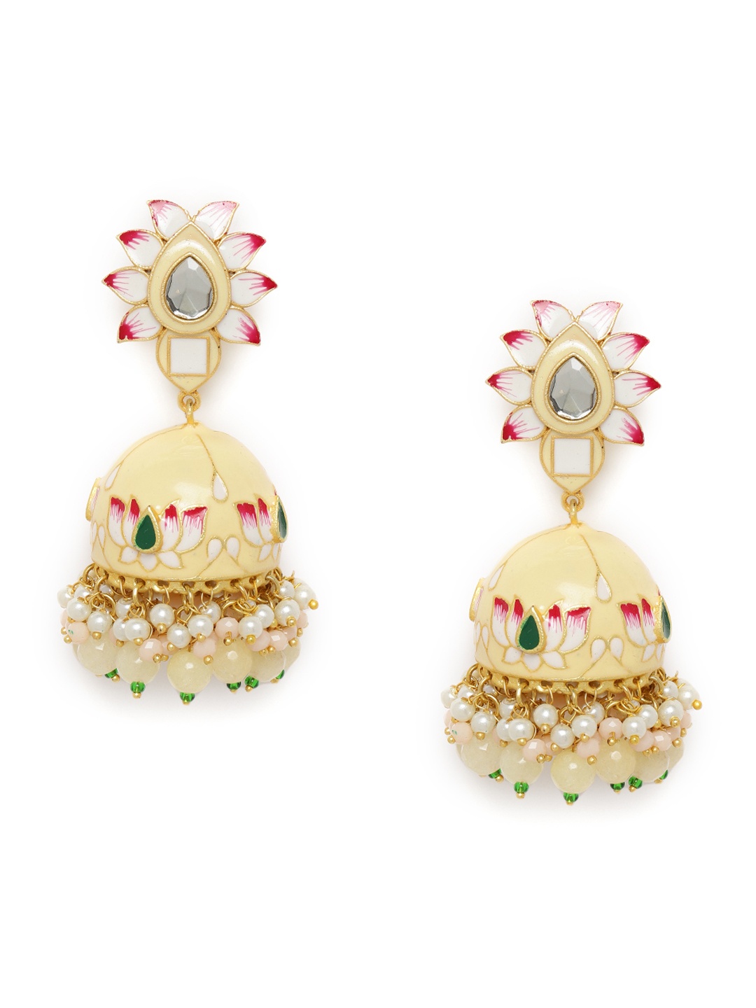 Peora Cream-Coloured Gold-Plated Enamelled Meenakari Kundan Pearl Dome Shaped Jhumkas
Peora Cream-Coloured Gold-Plated Enamelled Meenakari Kundan Pearl Dome Shaped Jhumkas