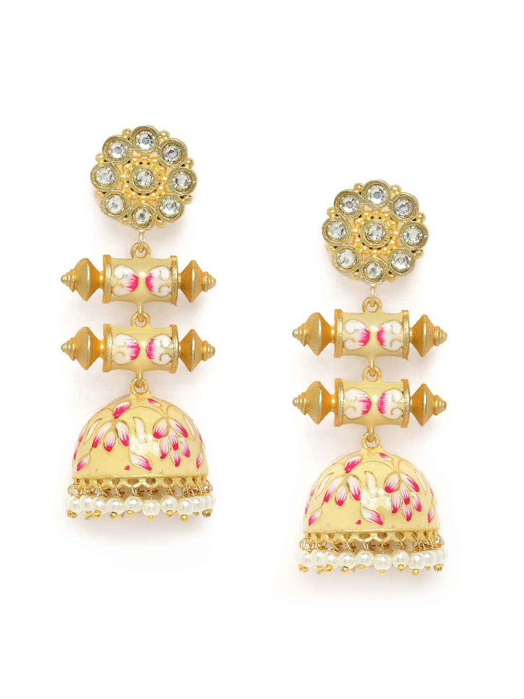 Peora Cream-Coloured & Pink Gold-Plated Enamelled Handcrafted Kundan Dome Shaped Jhumkas
Peora Cream-Coloured & Pink Gold-Plated Enamelled Handcrafted Kundan Dome Shaped Jhumkas