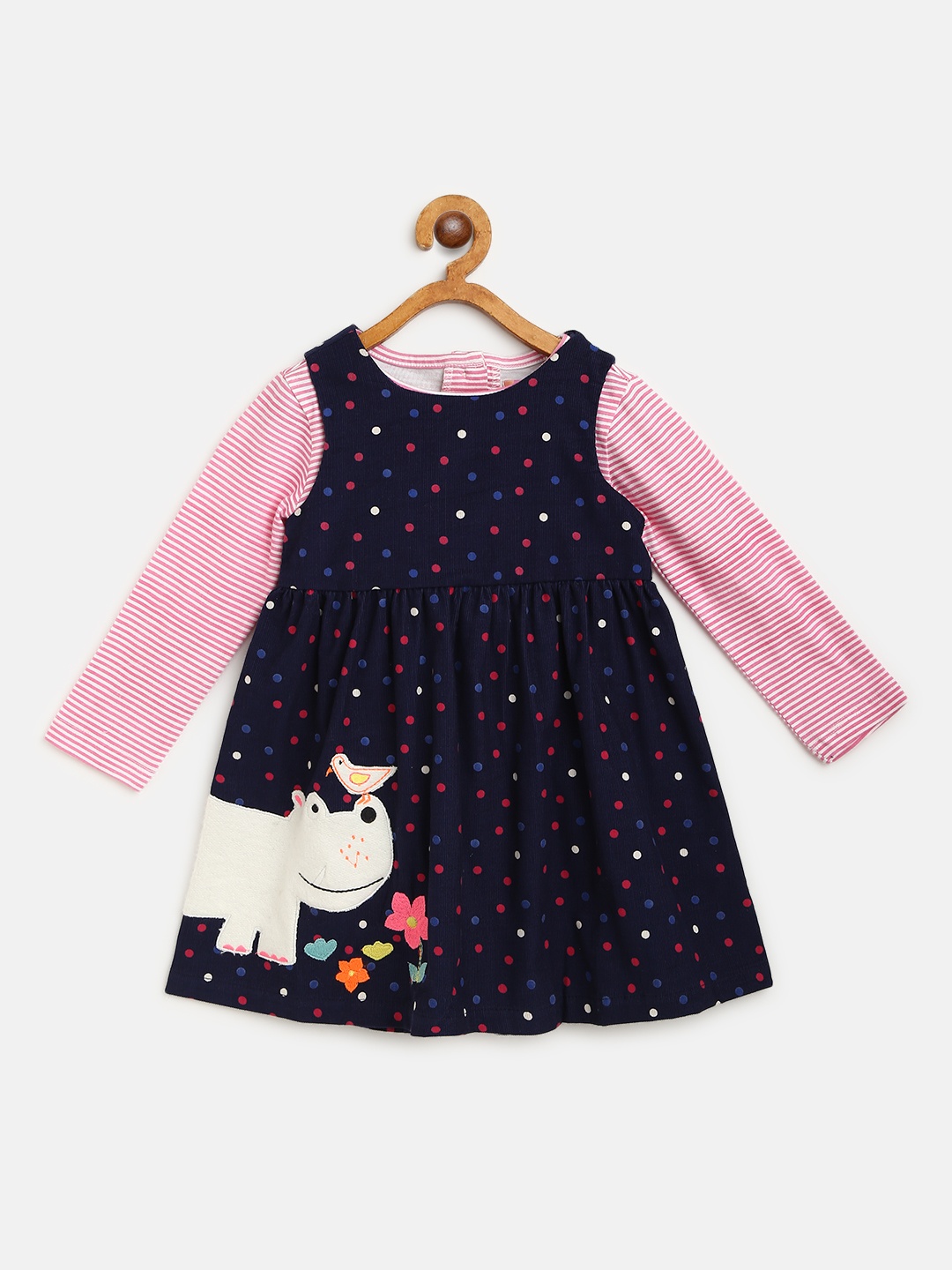 Nauti Nati Girls Navy Blue Corduroy Polka Dots Printed A-Line Dress with Striped T-shirt
Nauti Nati Girls Navy Blue Corduroy Polka Dots Printed A-Line Dress with Striped T-shirt