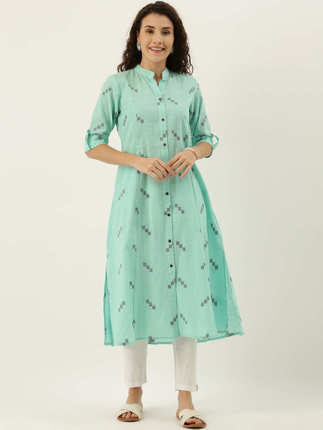 FLAVIDO Women Sea Green Printed A-Line Kurta