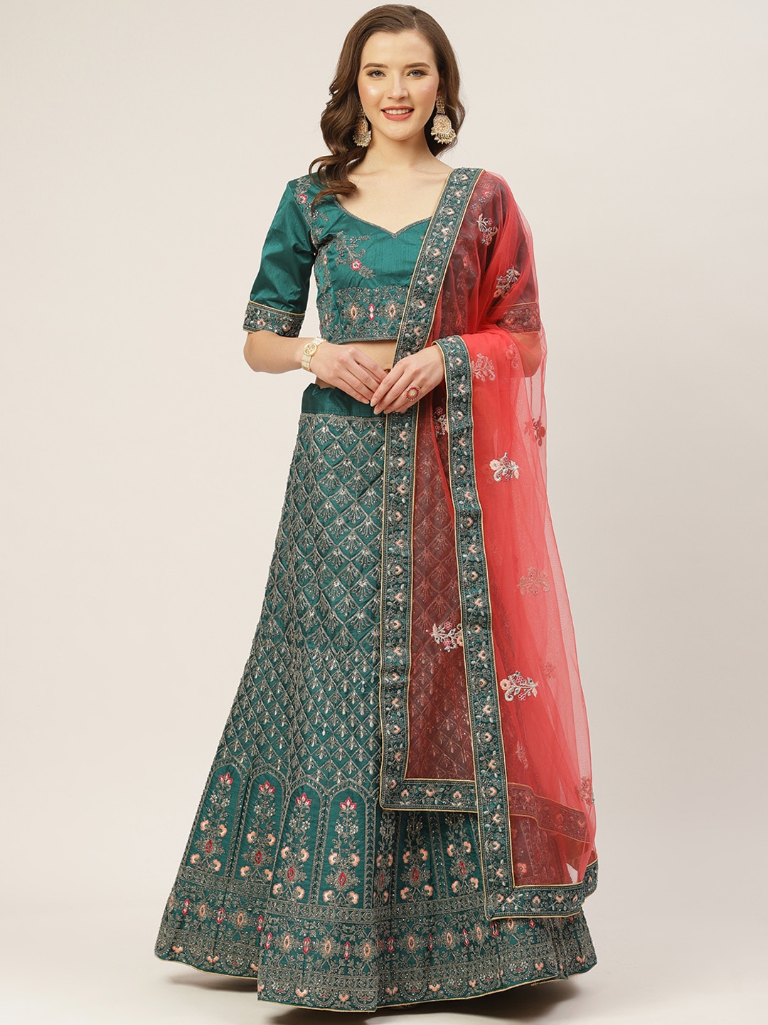 Shaily Teal Green & Red Embroidered Semi-Stitched Lehenga & Unstitched Blouse with Dupatta
Shaily Teal Green & Red Embroidered Semi-Stitched Lehenga & Unstitched Blouse with Dupatta