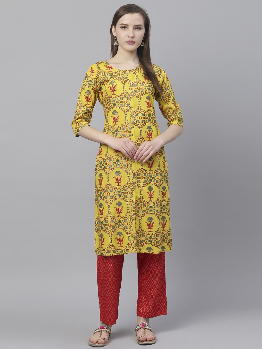 Ishin Women Yellow & Red Printed Kurta with Palazzos
