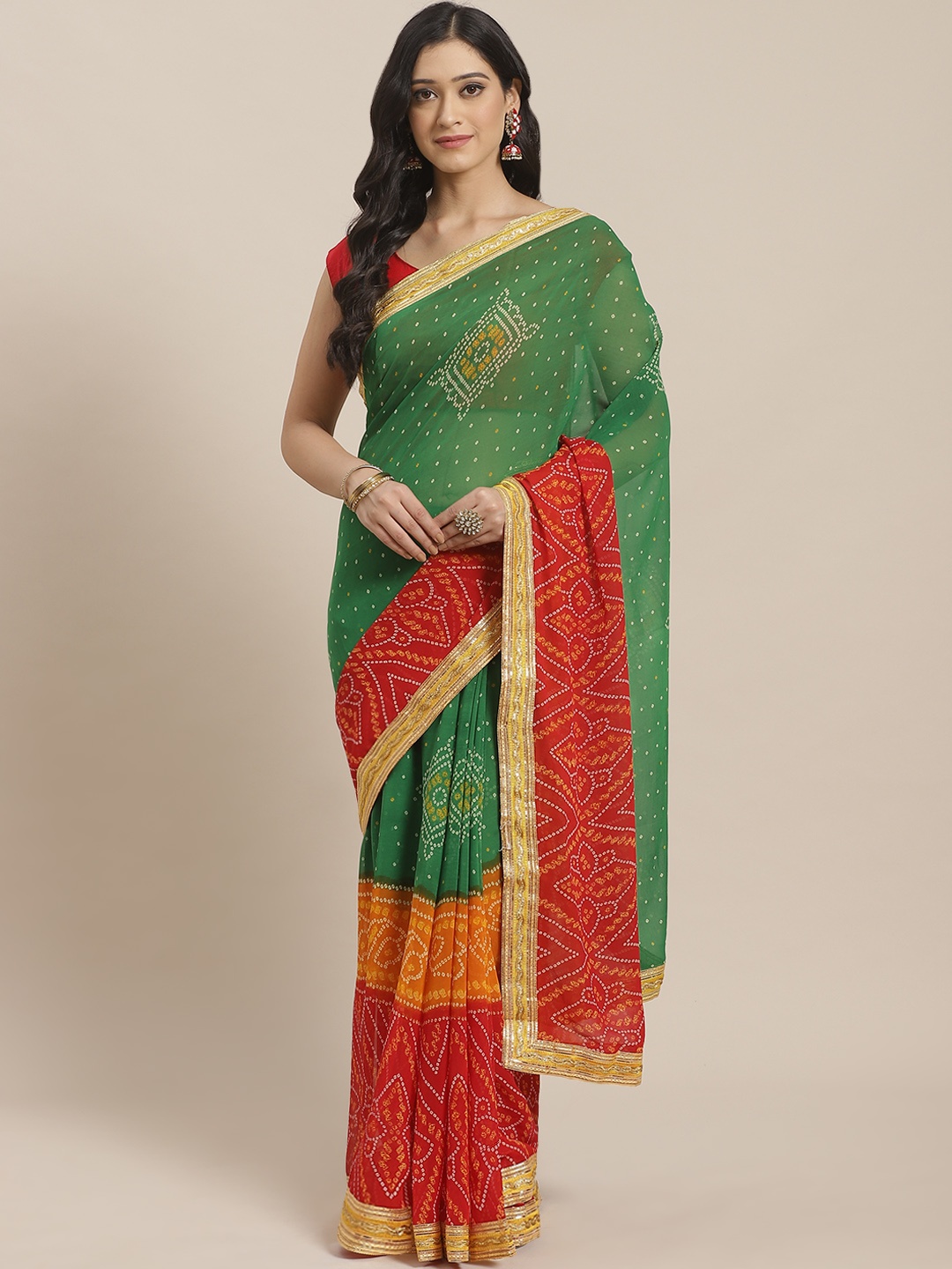 Mitera Green & Red Bandhani Printed Saree