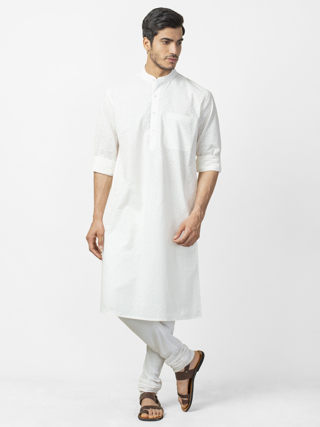 Fabindia Men Off-White Slim Fit Handblock Print Straight Kurta