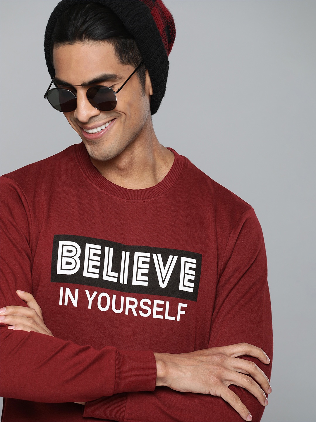 HERE&NOW Men Maroon & White Printed Sweatshirt