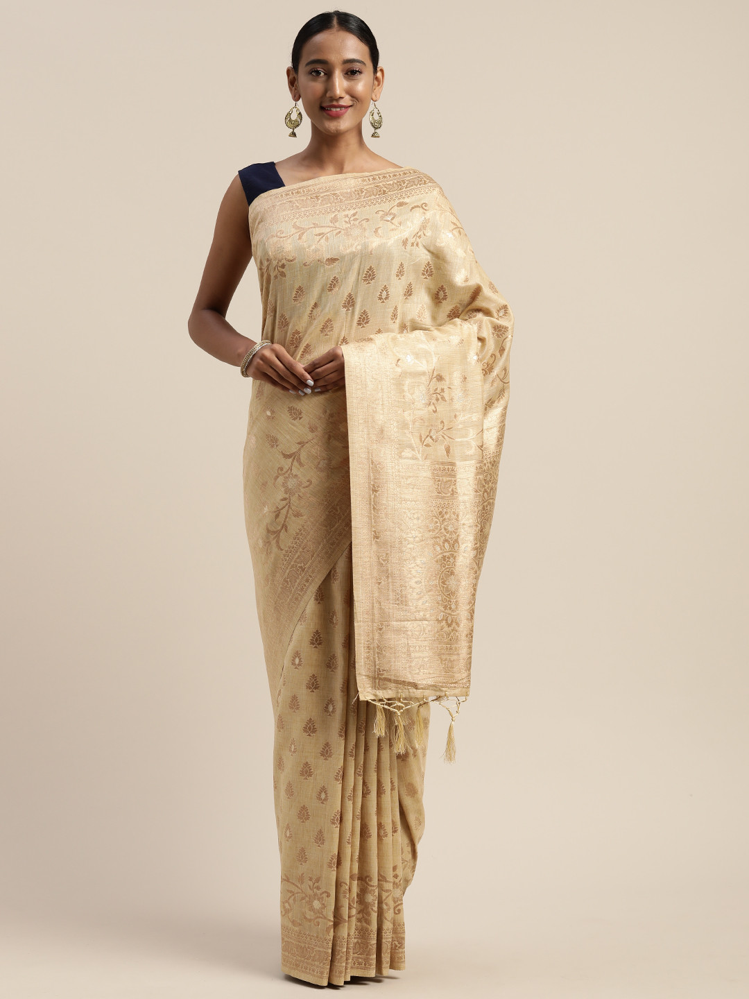 Mitera Beige & Gold-Toned Liva Woven Design Banarasi Saree 
Mitera Beige & Gold-Toned Liva Woven Design Banarasi Saree