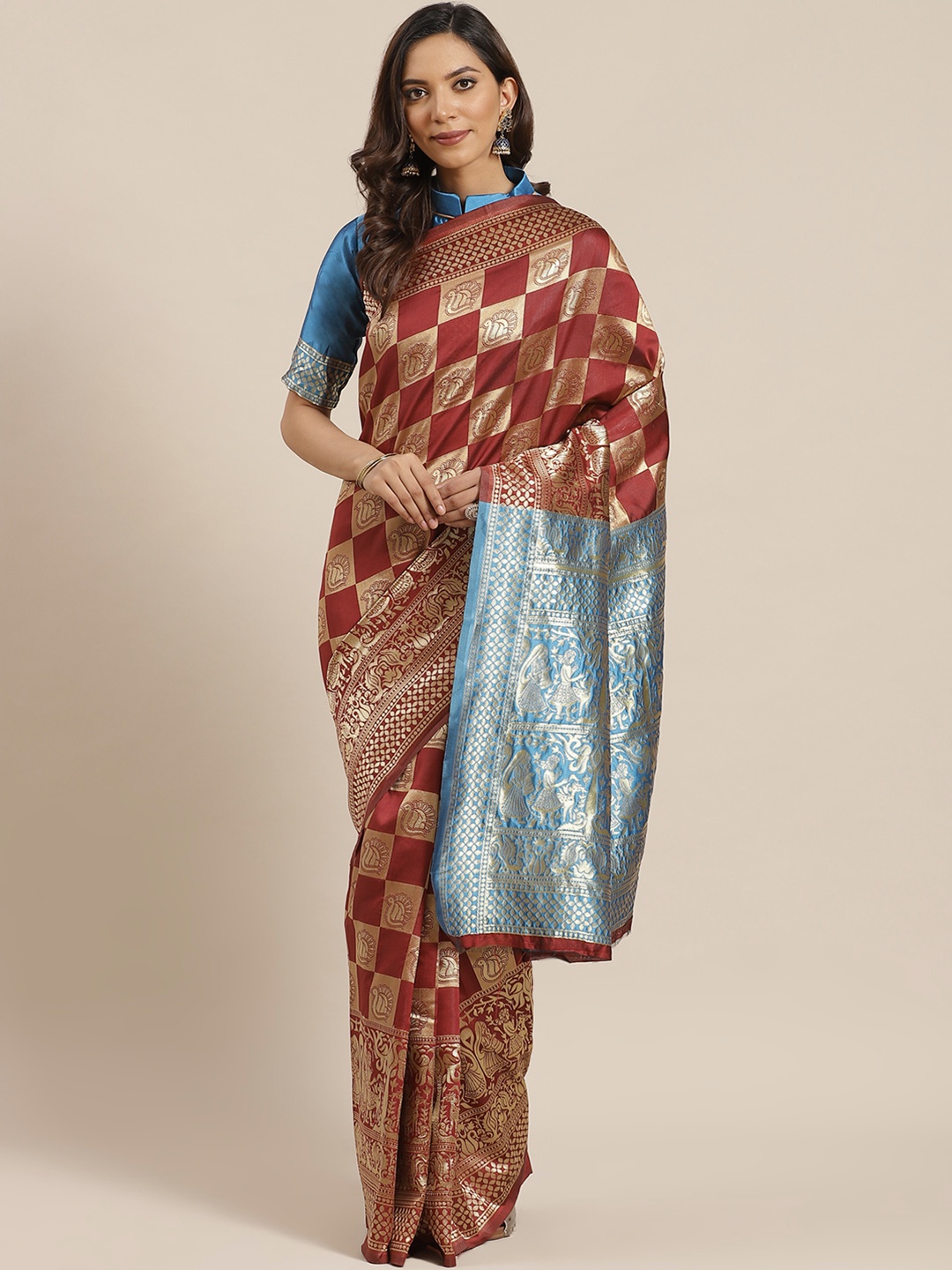 Mitera Maroon & Golden Zari Woven Design Banarasi Saree
