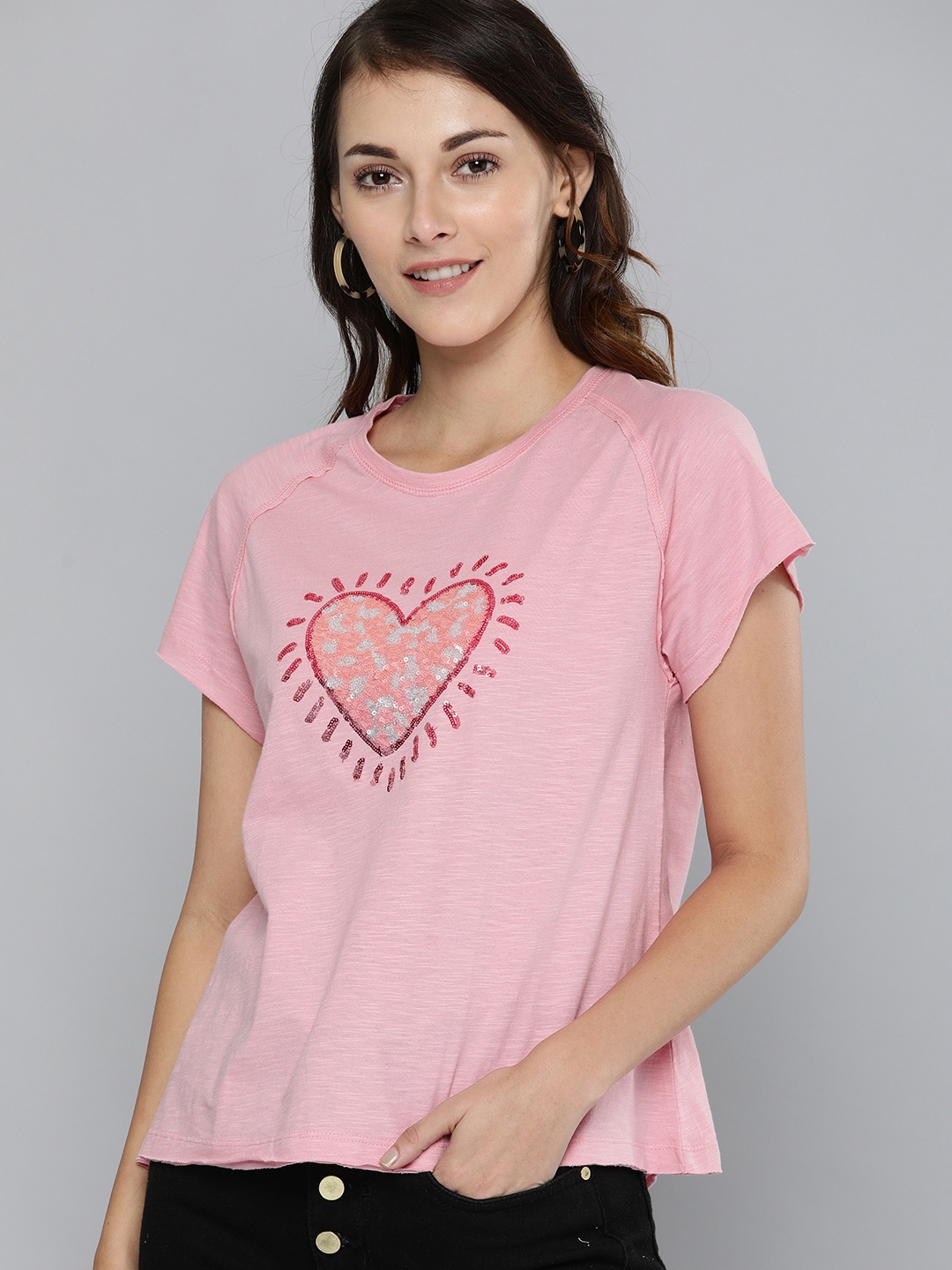 Chemistry Women Pink Mermaid Sequins Round Neck T-shirt