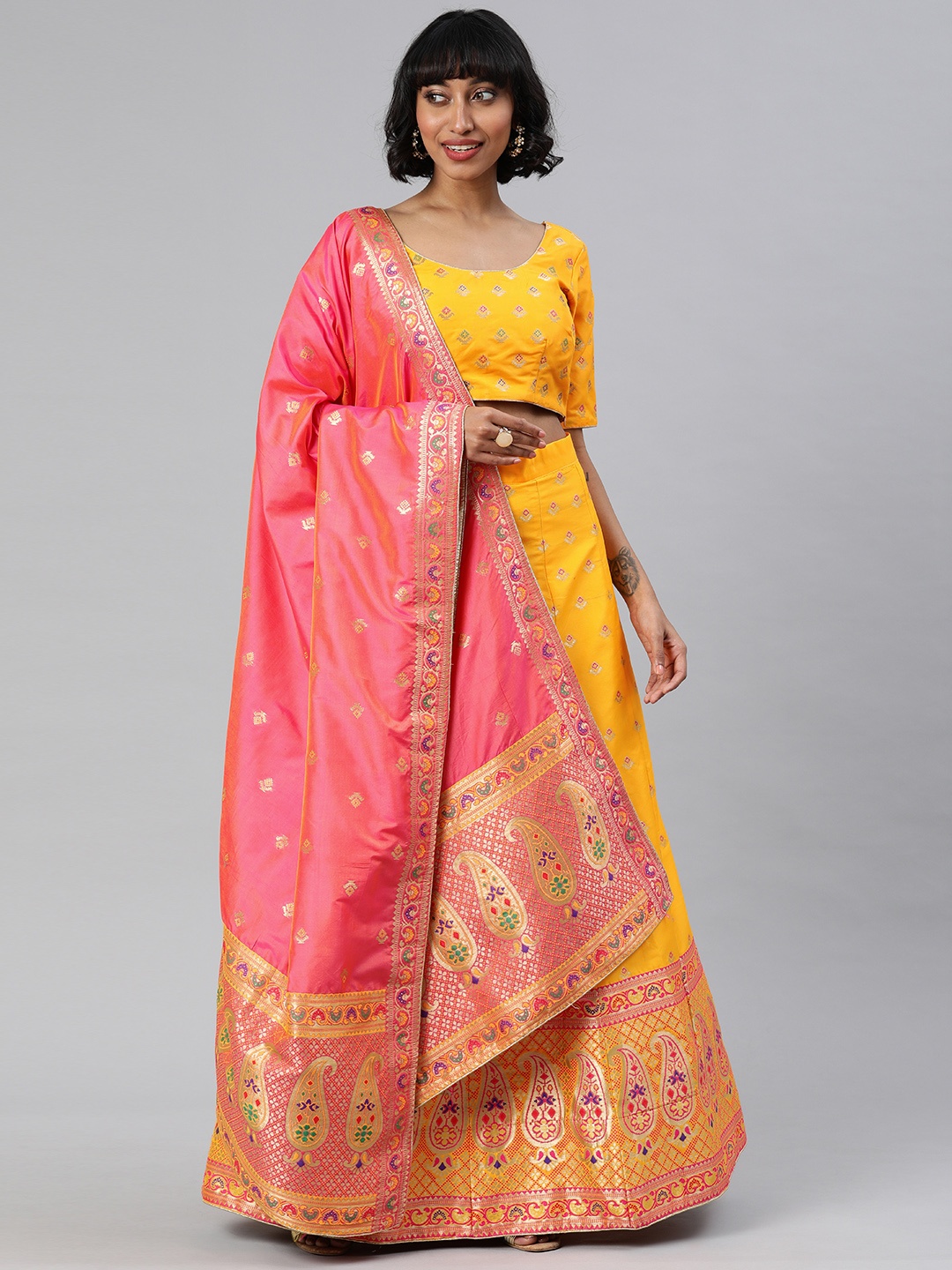 flaher Yellow & Pink Woven Design Semi-Stitched Lehenga & Unstitched Blouse with Dupatta
flaher Yellow & Pink Woven Design Semi-Stitched Lehenga & Unstitched Blouse with Dupatta