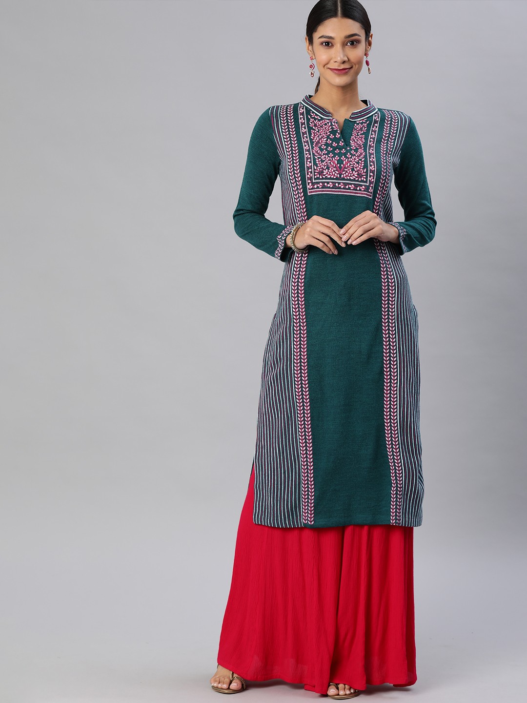 Global Desi Women Teal Woven Design Acrylic Straight Kurta
