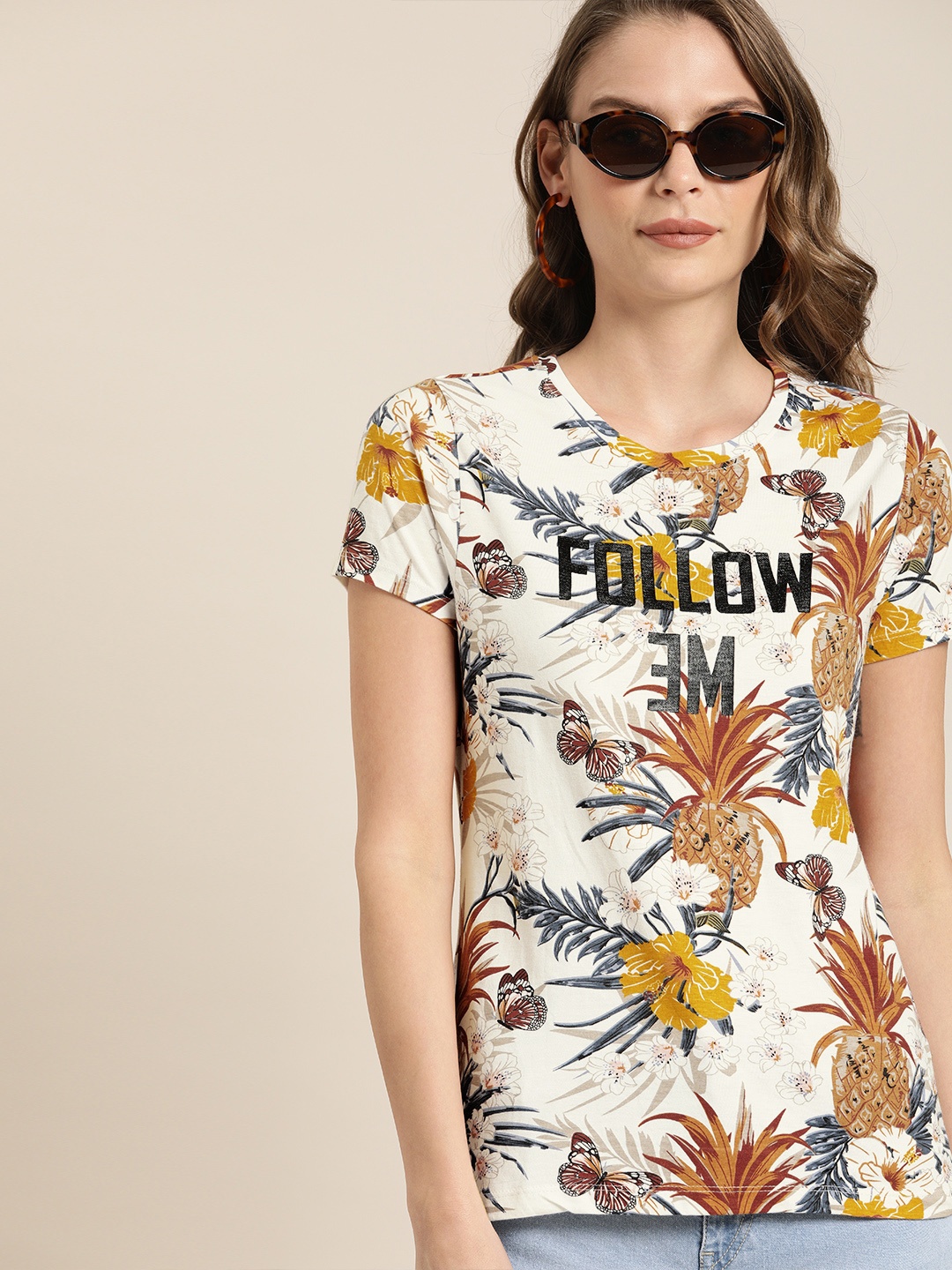 Moda Rapido Women White & Navy Blue Tropical Print T-shirt with Typography Print Detail
Moda Rapido Women White & Navy Blue Tropical Print T-shirt with Typography Print Detail