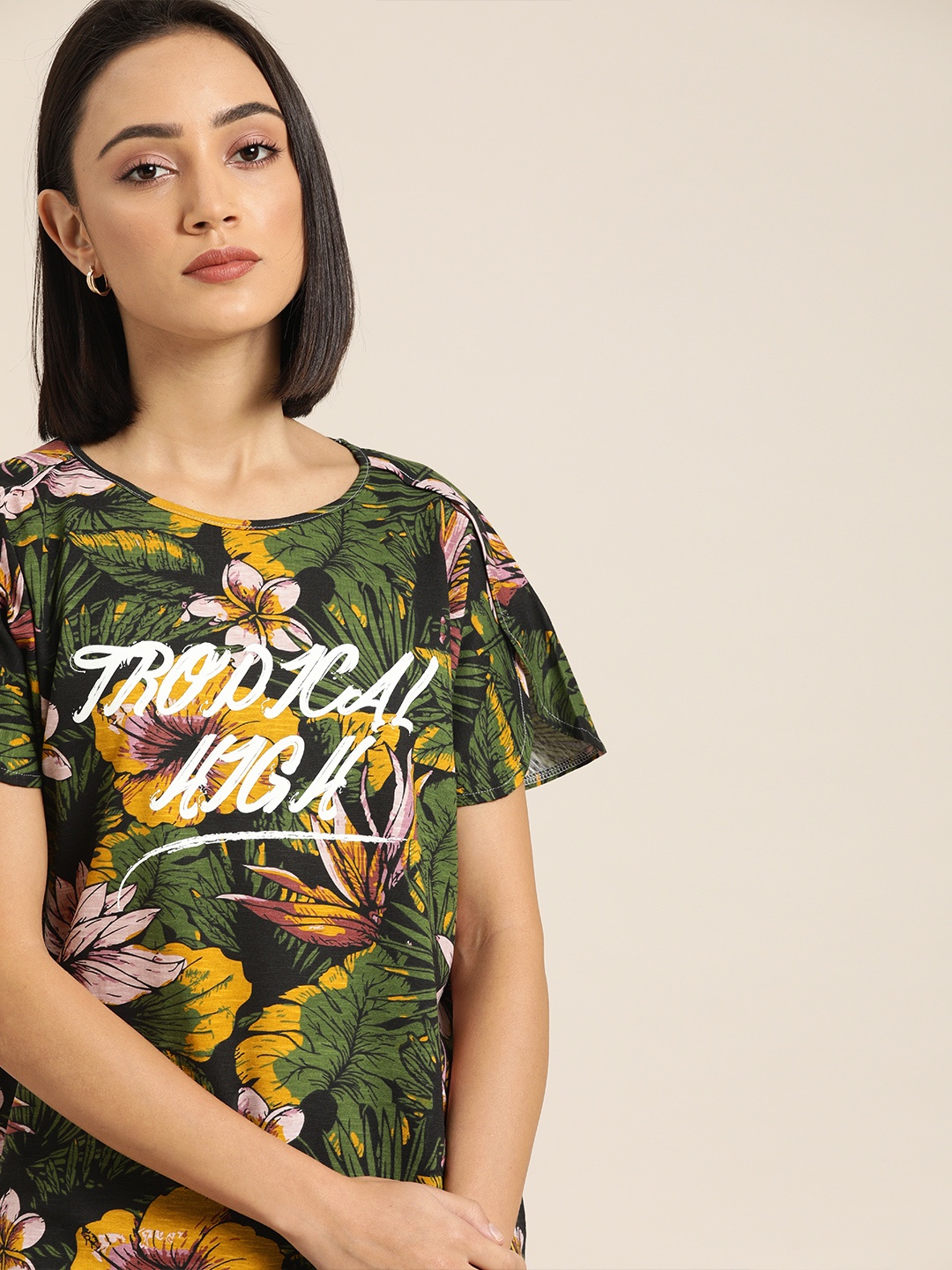 Moda Rapido Women Navy Blue & Green Tropical Print T-shirt with Typography Print Detail
Moda Rapido Women Navy Blue & Green Tropical Print T-shirt with Typography Print Detail