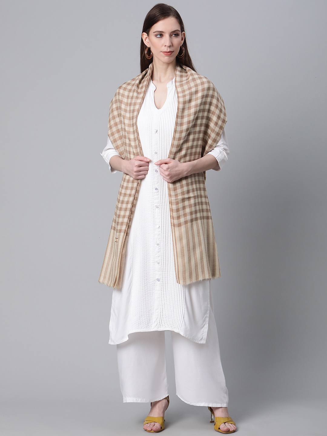 Cayman Women Brown & Beige Woolen Checked Shawl