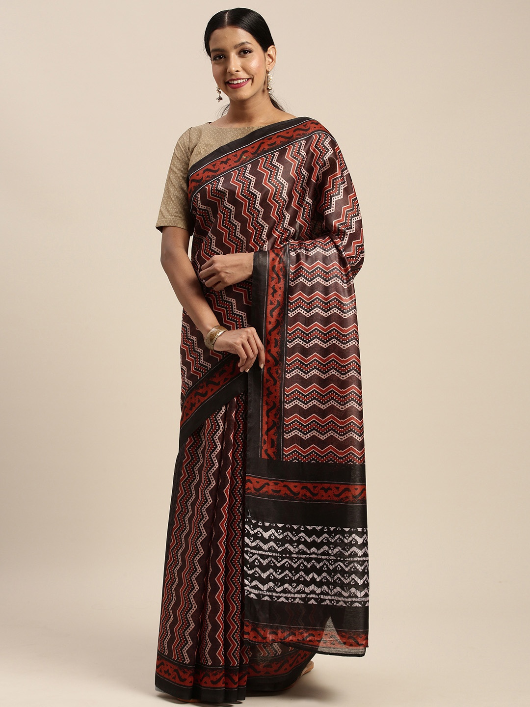 MIRCHI FASHION Brown & Black Pure Cotton Printed Saree