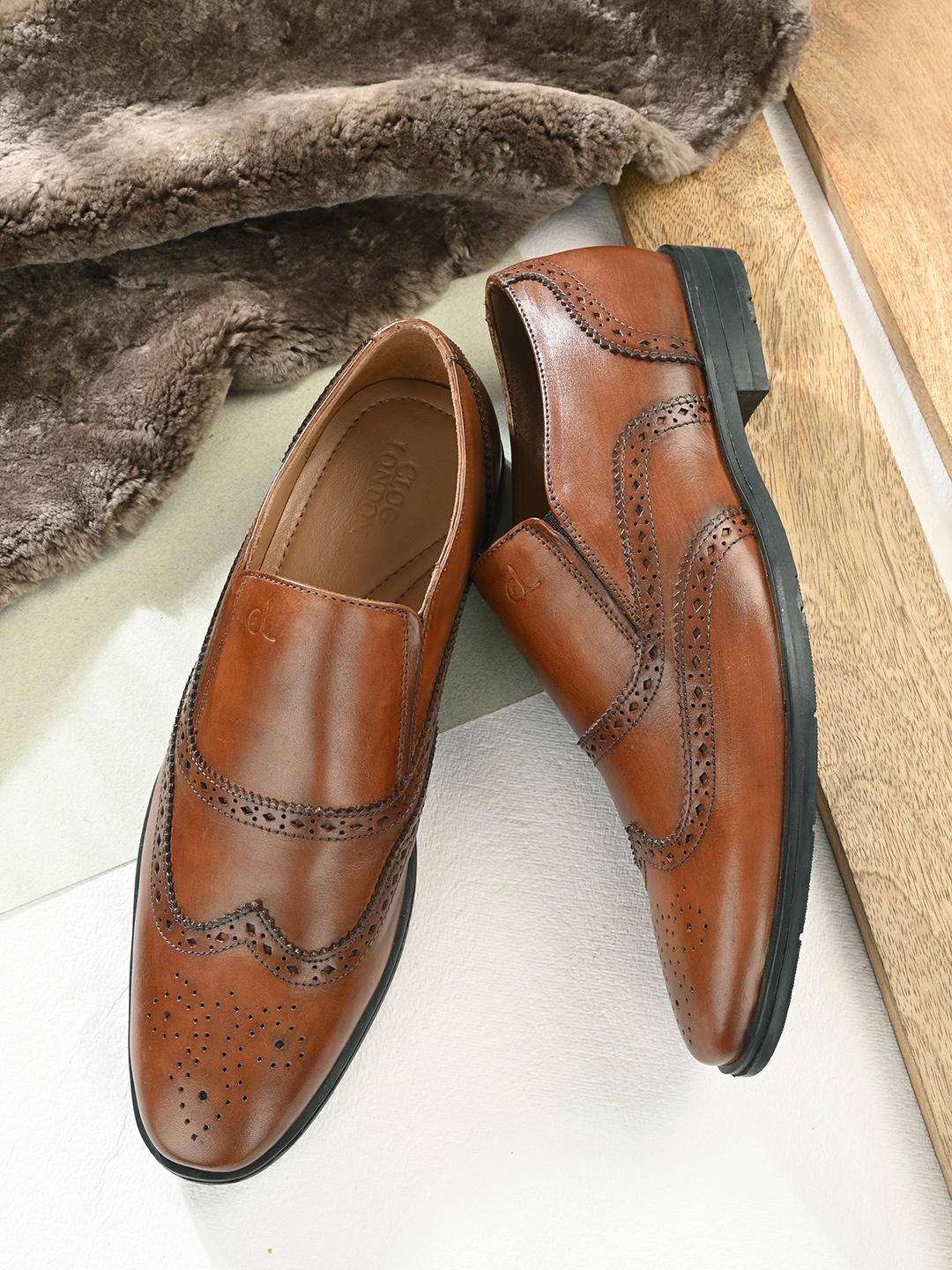 CLOG LONDON Men Tan Brown Perforated Leather Semi-Formal Slip-Ons
