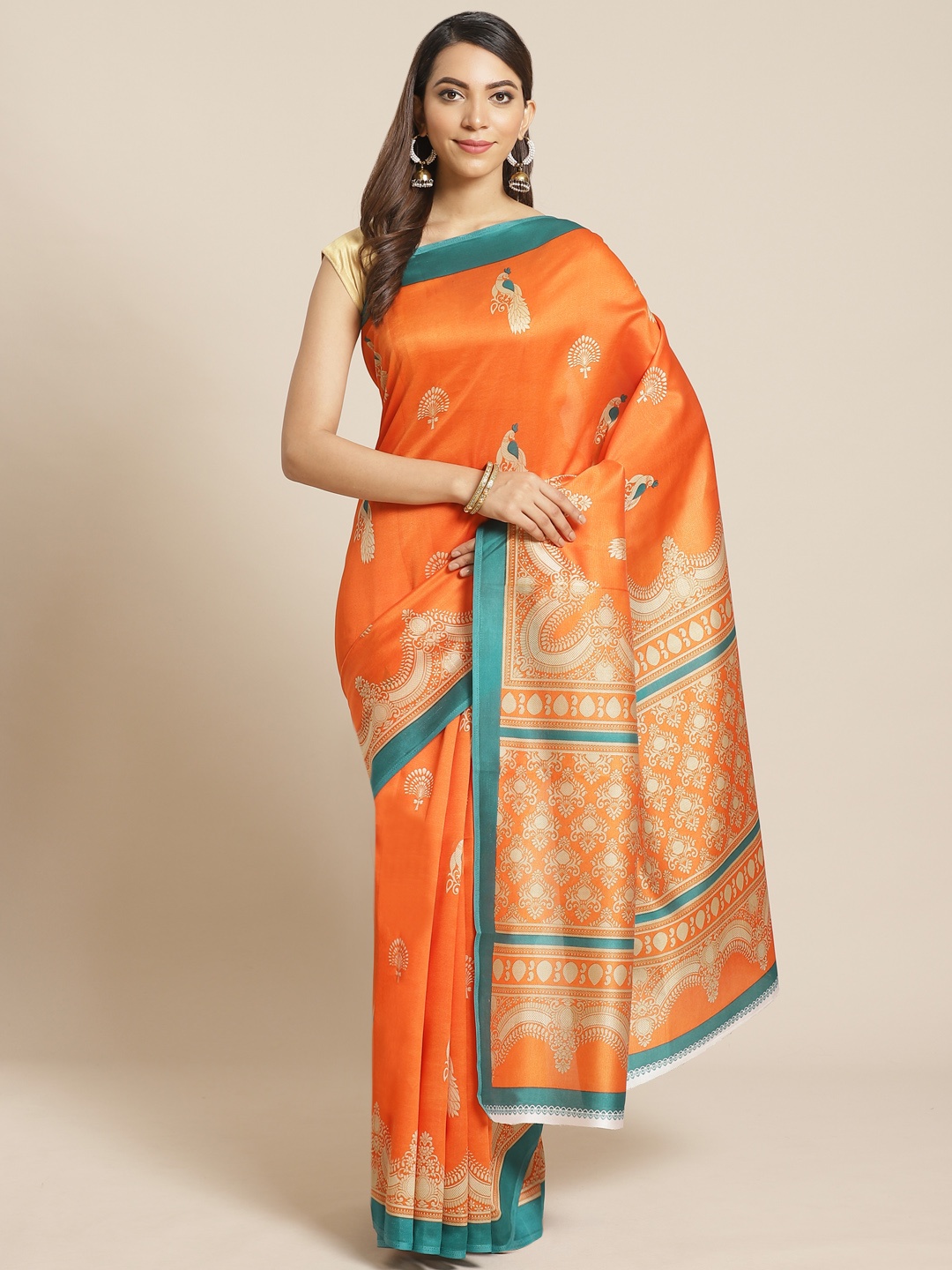 KALINI Orange & Beige Woven Design Mysore Silk Saree
