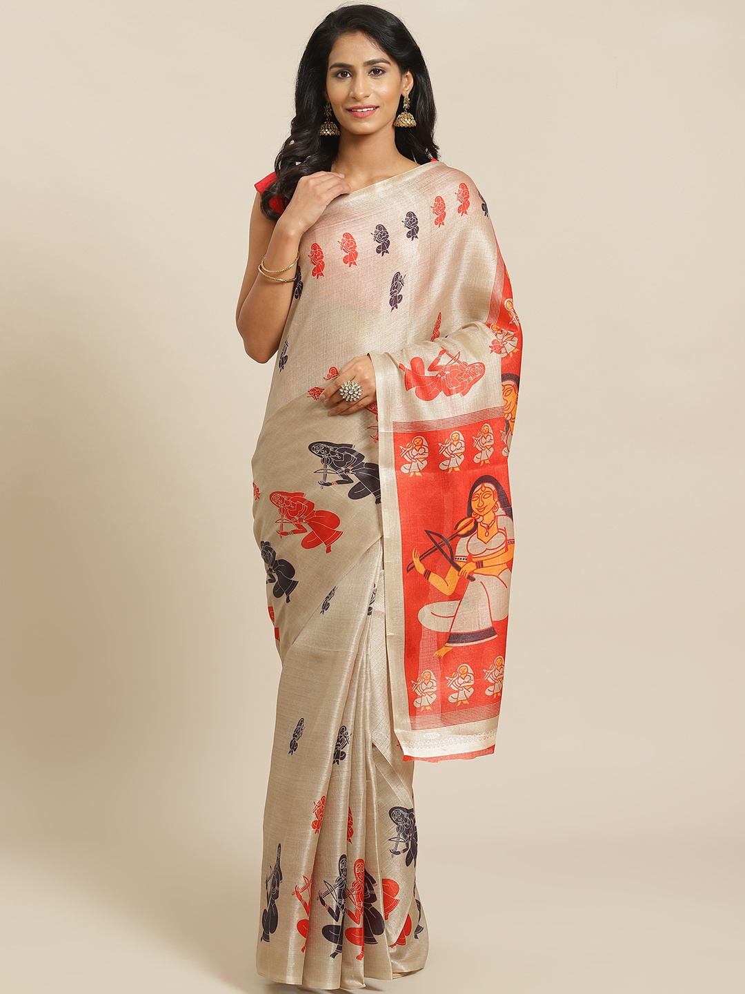 KALINI Beige & Orange Printed Bhagalpuri Saree