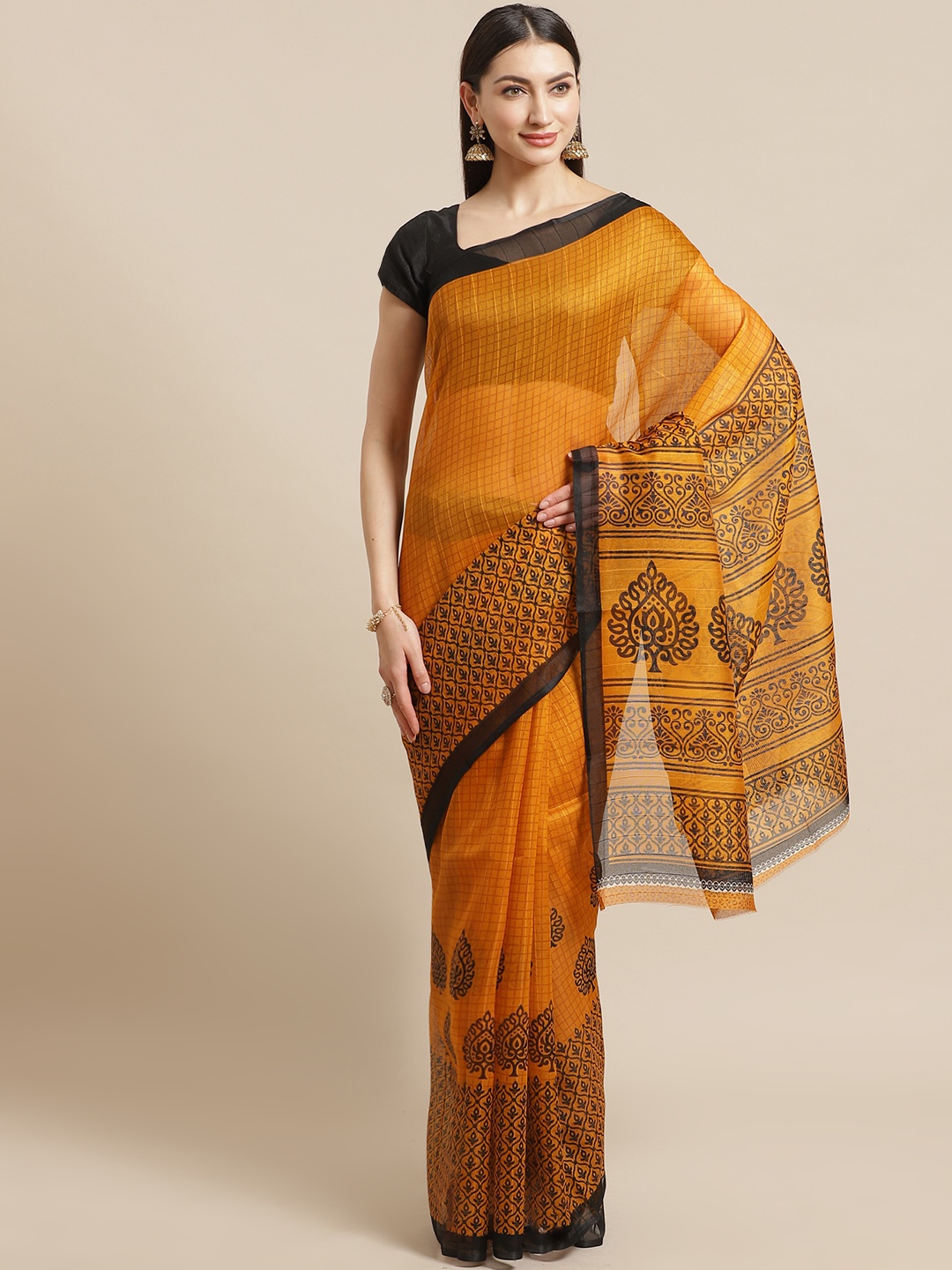 KALINI Orange & Black Checked Saree