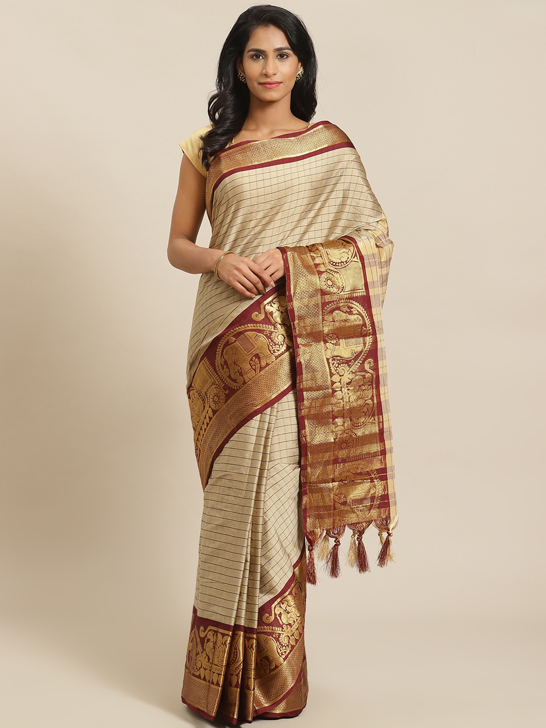 Mitera Beige & Golden Checked Banarasi Saree