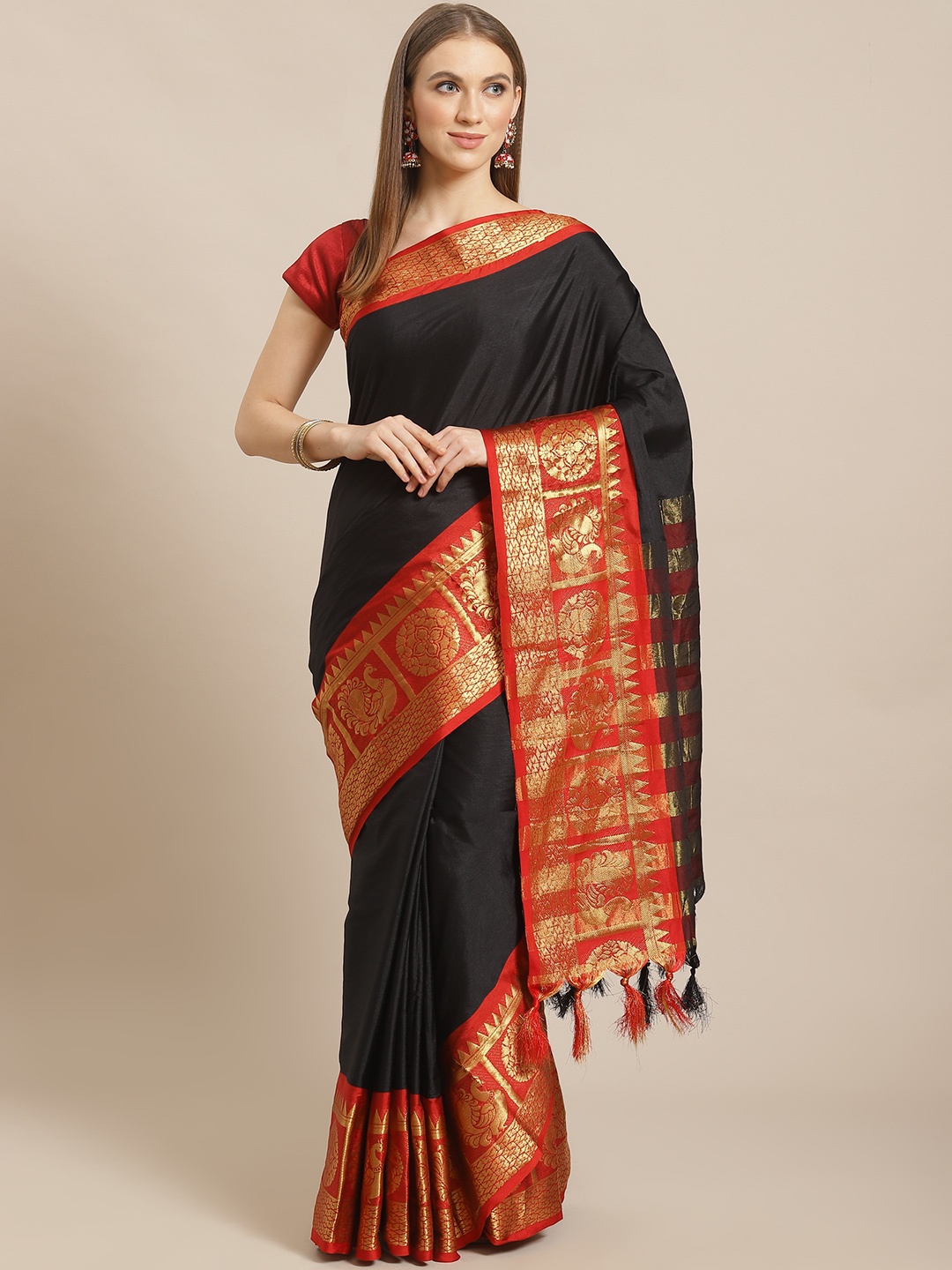 Mitera Black & Orange Solid Banarasi Saree