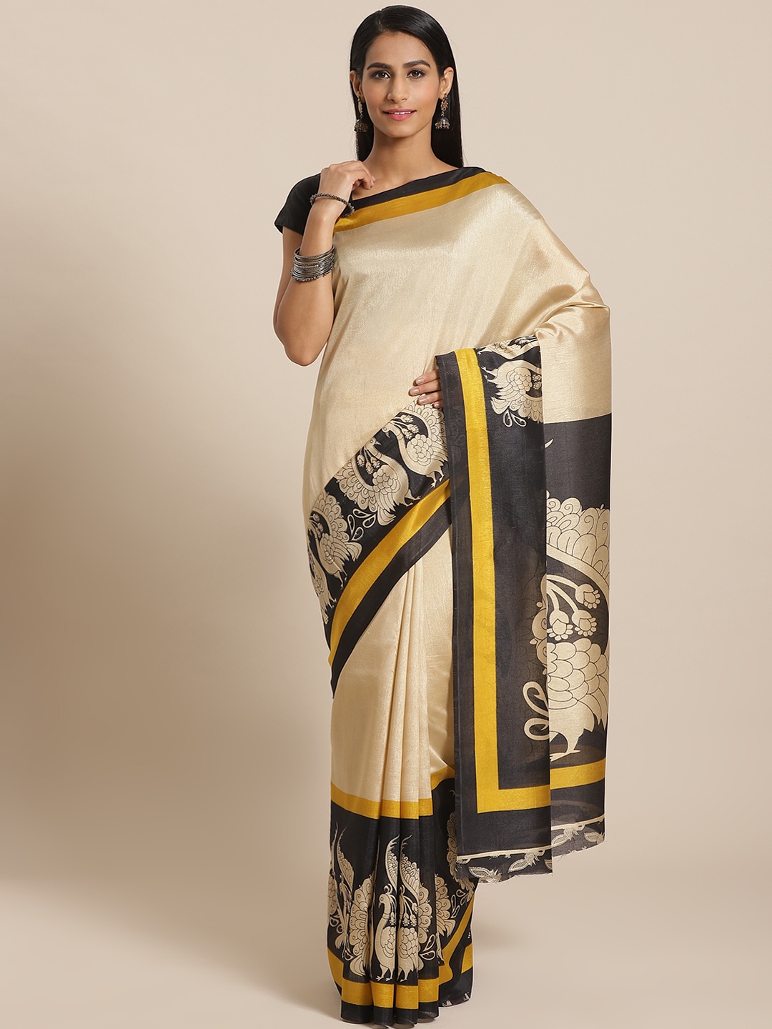KALINI Beige & Black Solid Saree