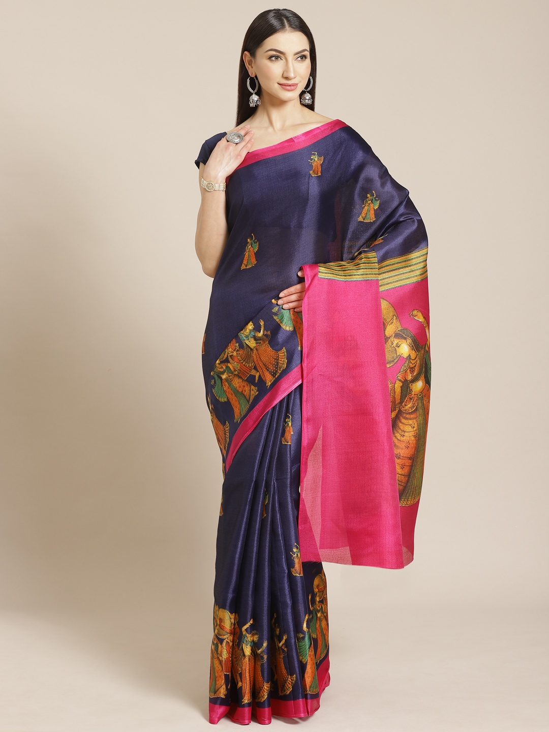 Mitera Navy Blue & Mustard Yellow Printed Saree