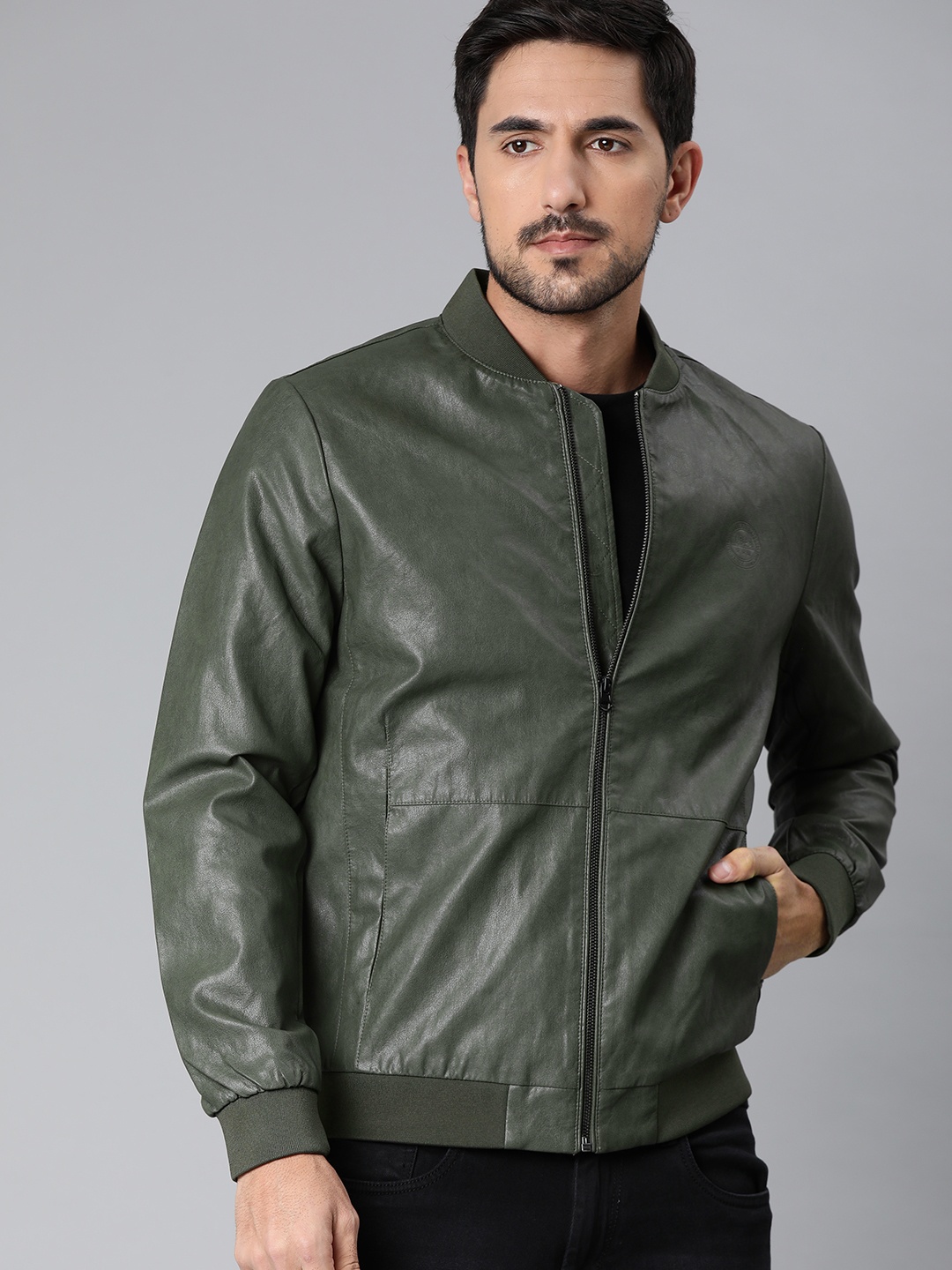 U.S. Polo Assn. Men Olive Green Solid Bomber Jacket