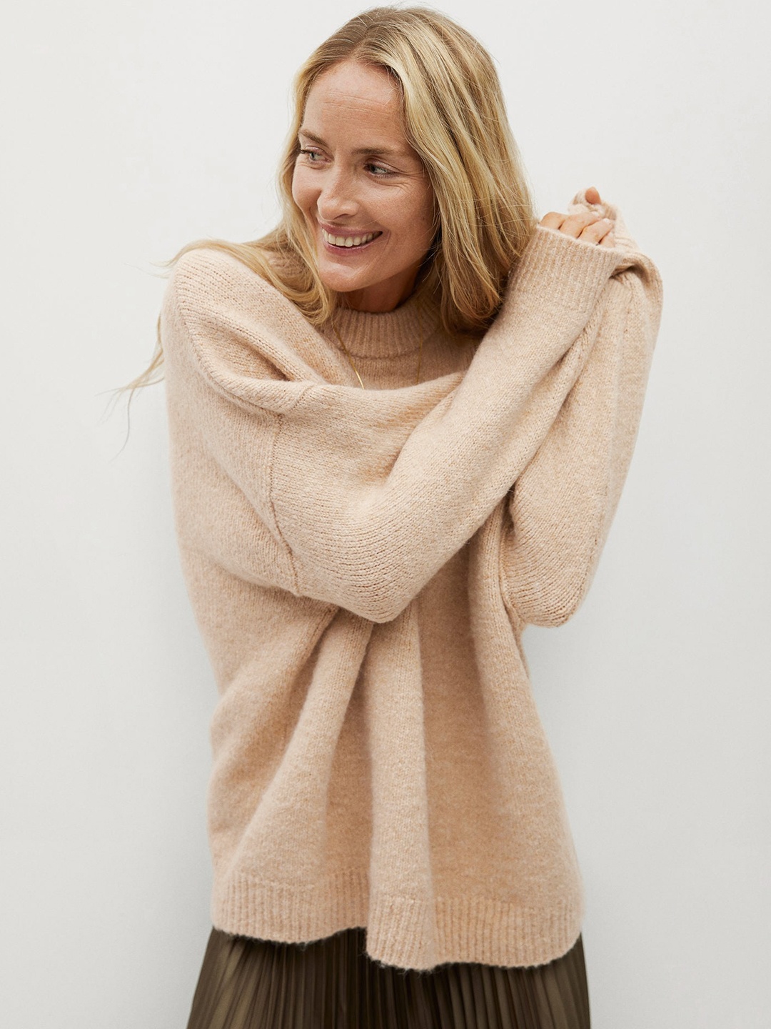 MANGO Women Beige Solid Oversized Pullover Sweater