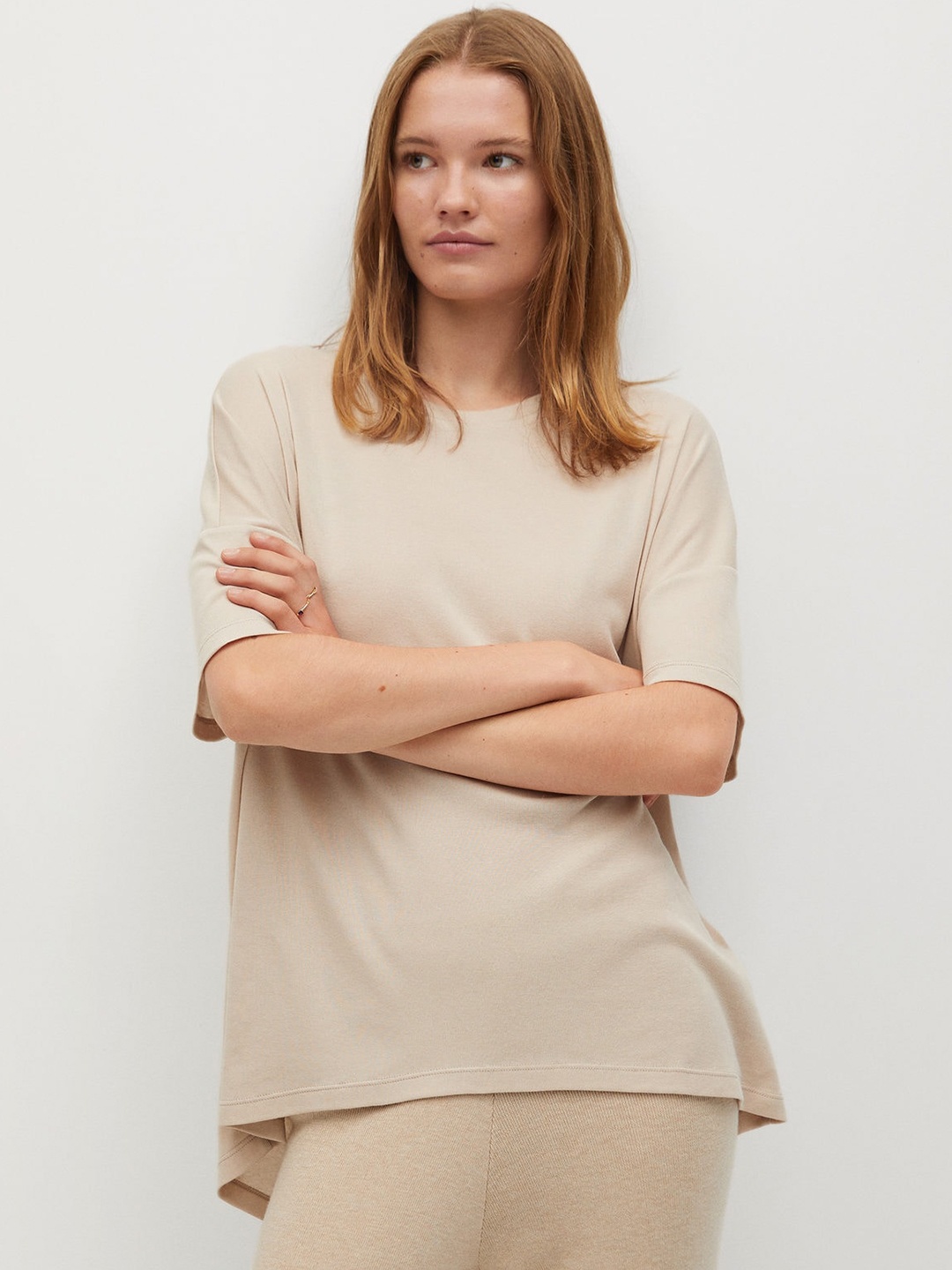 MANGO Women Beige Solid Round Neck T-shirt
