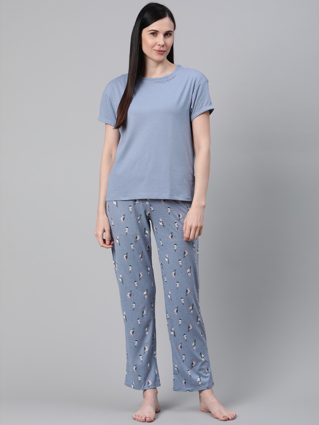Marks & Spencer Women Blue & White Solid Night suit