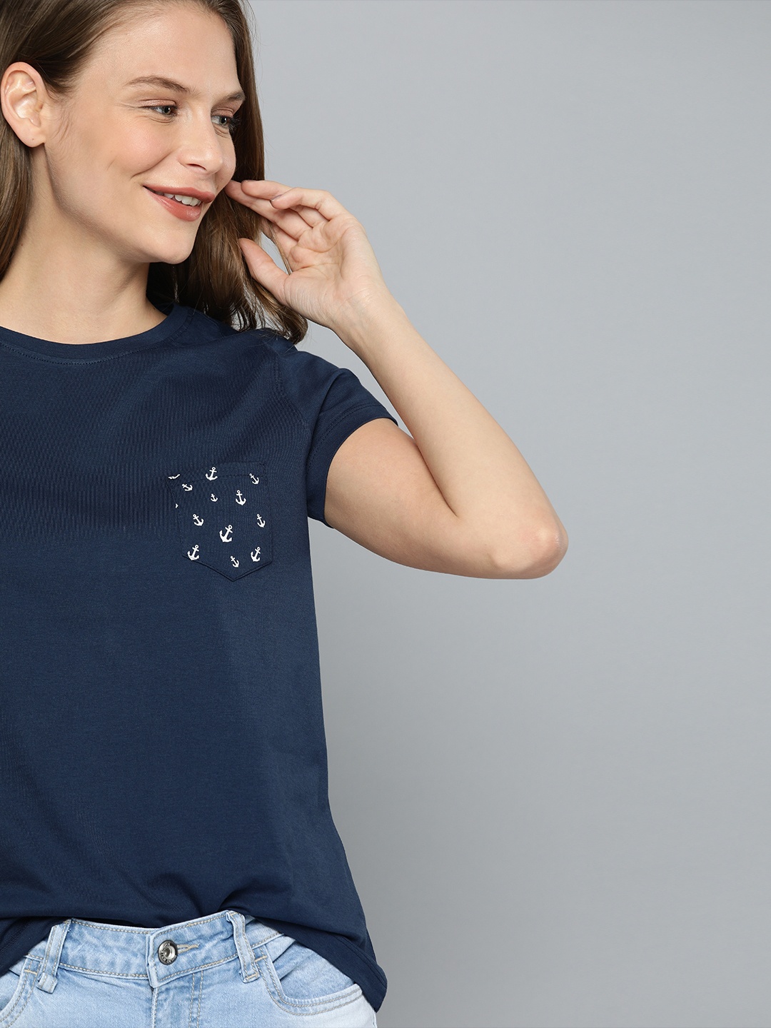 Mast Harbour Women Navy Blue Solid Round Neck Pure Cotton T-shirt With Printed Pocket
Mast Harbour Women Navy Blue Solid Round Neck Pure Cotton T-shirt With Printed Pocket