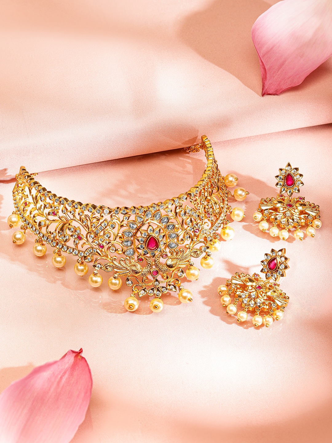 22K Gold Plated Ruby Pink & CZ Studded Pearl Beaded Traditional Choker Jewellery Set
22K Gold Plated Ruby Pink & CZ Studded Pearl Beaded Traditional Choker Jewellery Set