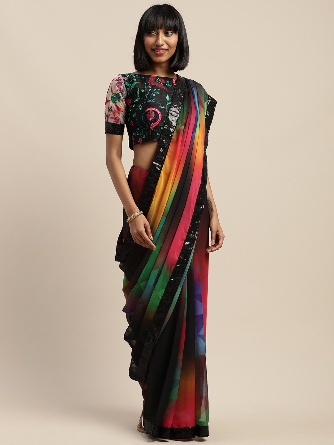 SHAVYA Black & Multicoloured Pure Georgette Printed Saree