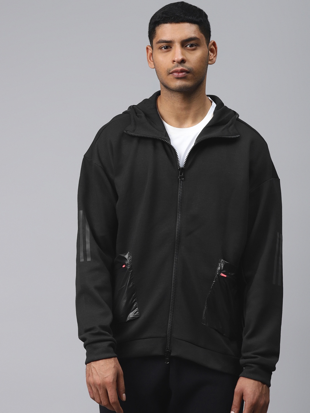 ADIDAS Men Black Solid Tech Fabric Mix Hoodie Jacket