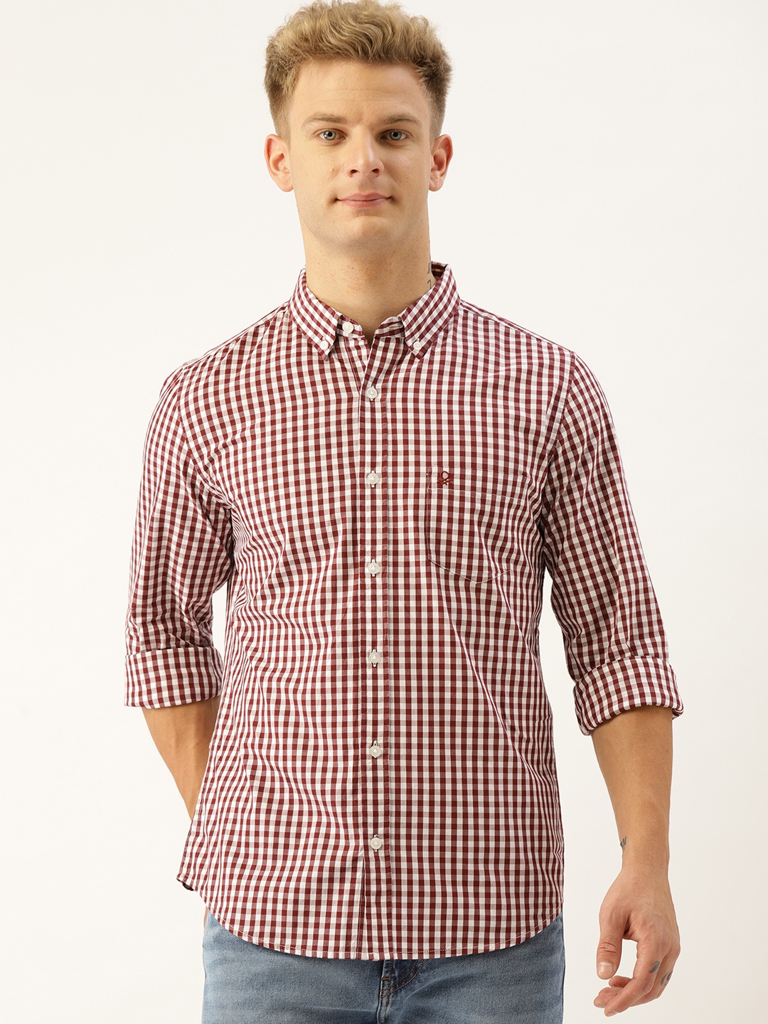 United Colors of Benetton Men Maroon & White Slim Fit Checked Casual Shirt