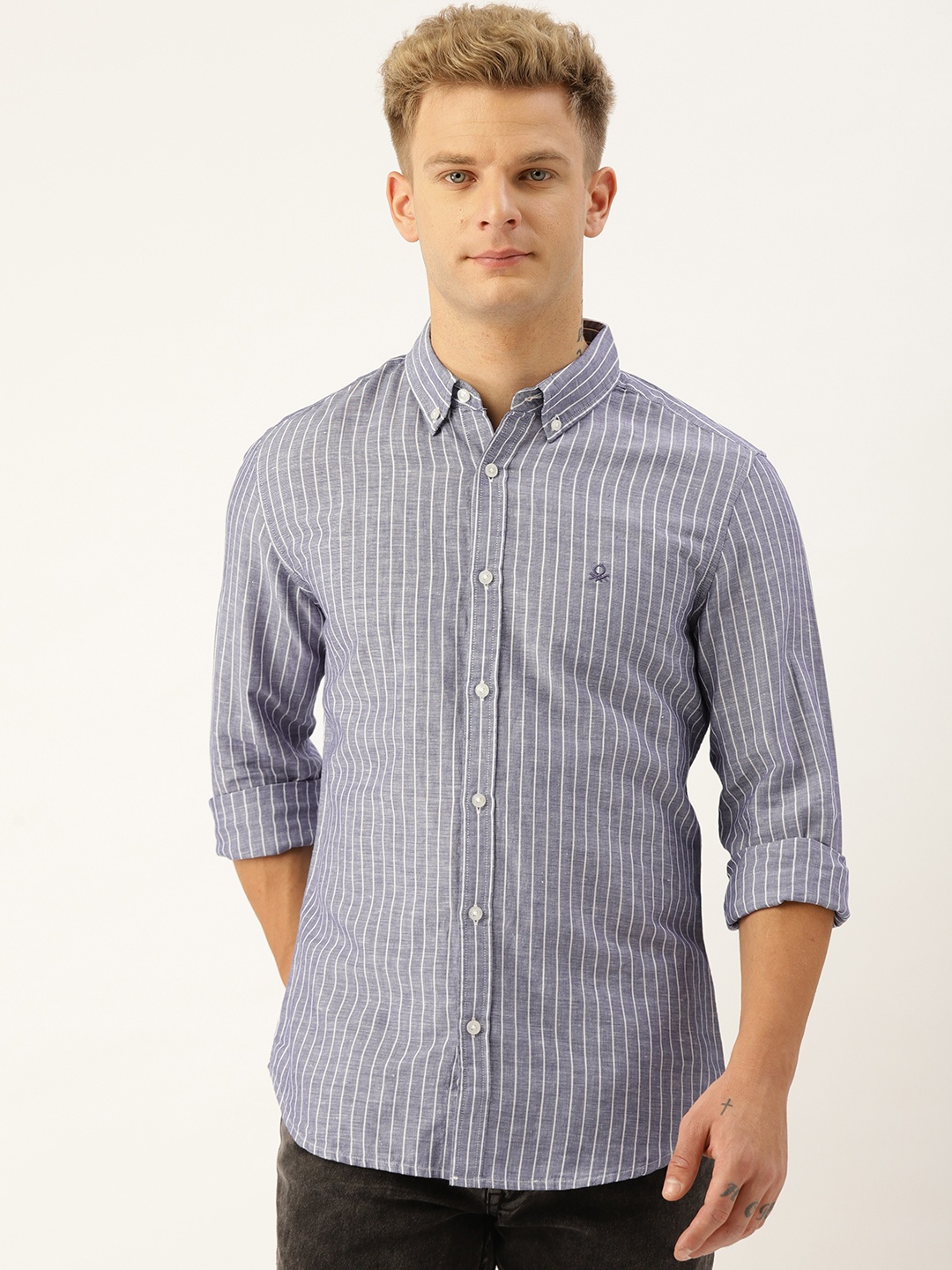 United Colors of Benetton Men Grey & White Slim Fit Striped Casual Shirt