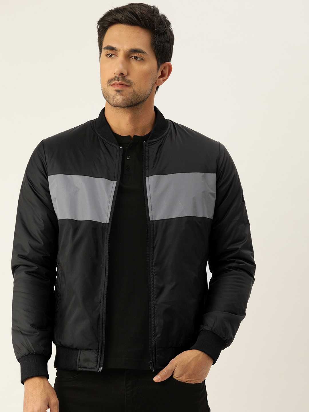 Flying Machine Men Black & Grey Colourblocked Bomber Jacket