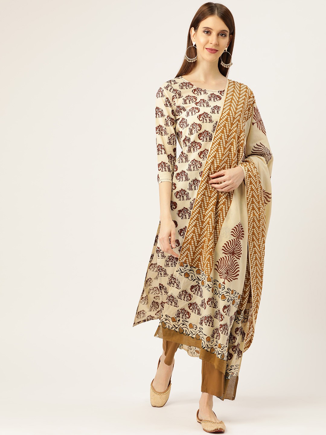 Prakrti Women Beige & Brown Hand Block Elephant Print Sustainable Kurta with Trousers & Dupatta
Prakrti Women Beige & Brown Hand Block Elephant Print Sustainable Kurta with Trousers & Dupatta